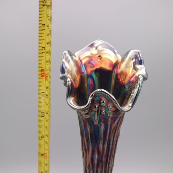 Fenton Carnival Glass 13" Flower Swung Vase Iridescent Blue April Showers - Picture 8 of 8